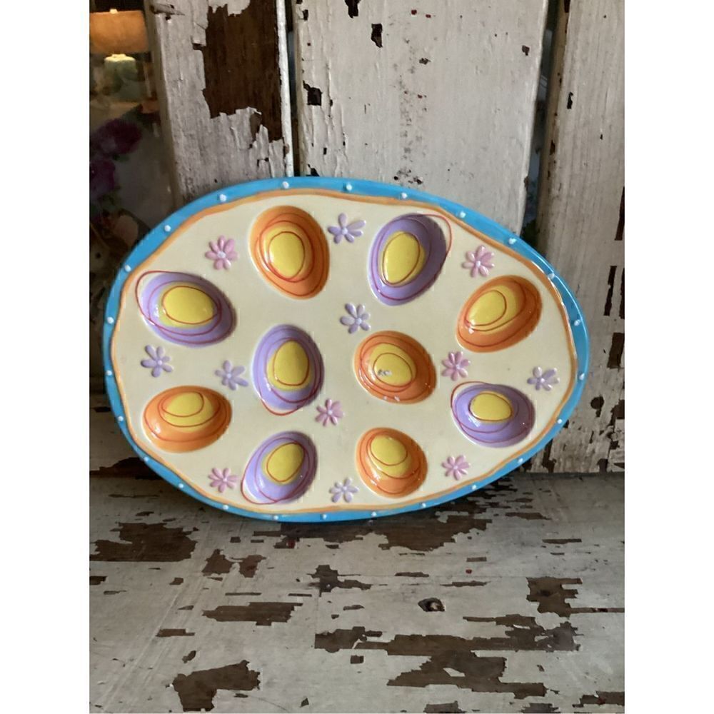 Bella Casa Devil Egg Ceramic Platter Colorful 12”x9” Easter Spring